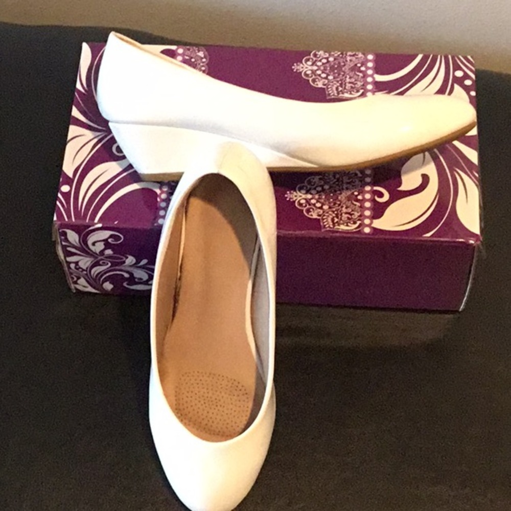 White Patent, Low Heel Round Toe Wedge Pump